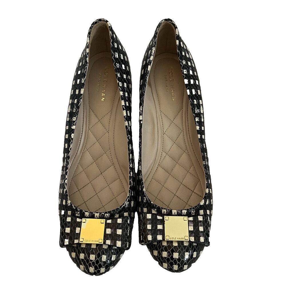 Cole Haan Gingham Bow Women's Black Leather Wedge Pin Up Heel Sandals SZ 8 B